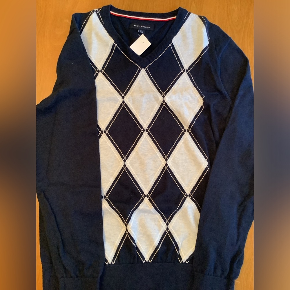 Tommy Hilfiger Navy Blue and Gray Argyle Sweater